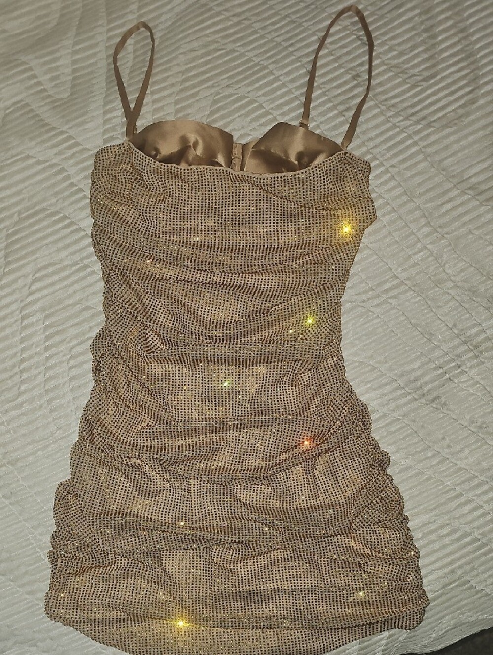 NWOT Oh Polly - Neréa - Gold Ruched Embellished Mini Dress - Picture 3 of 8